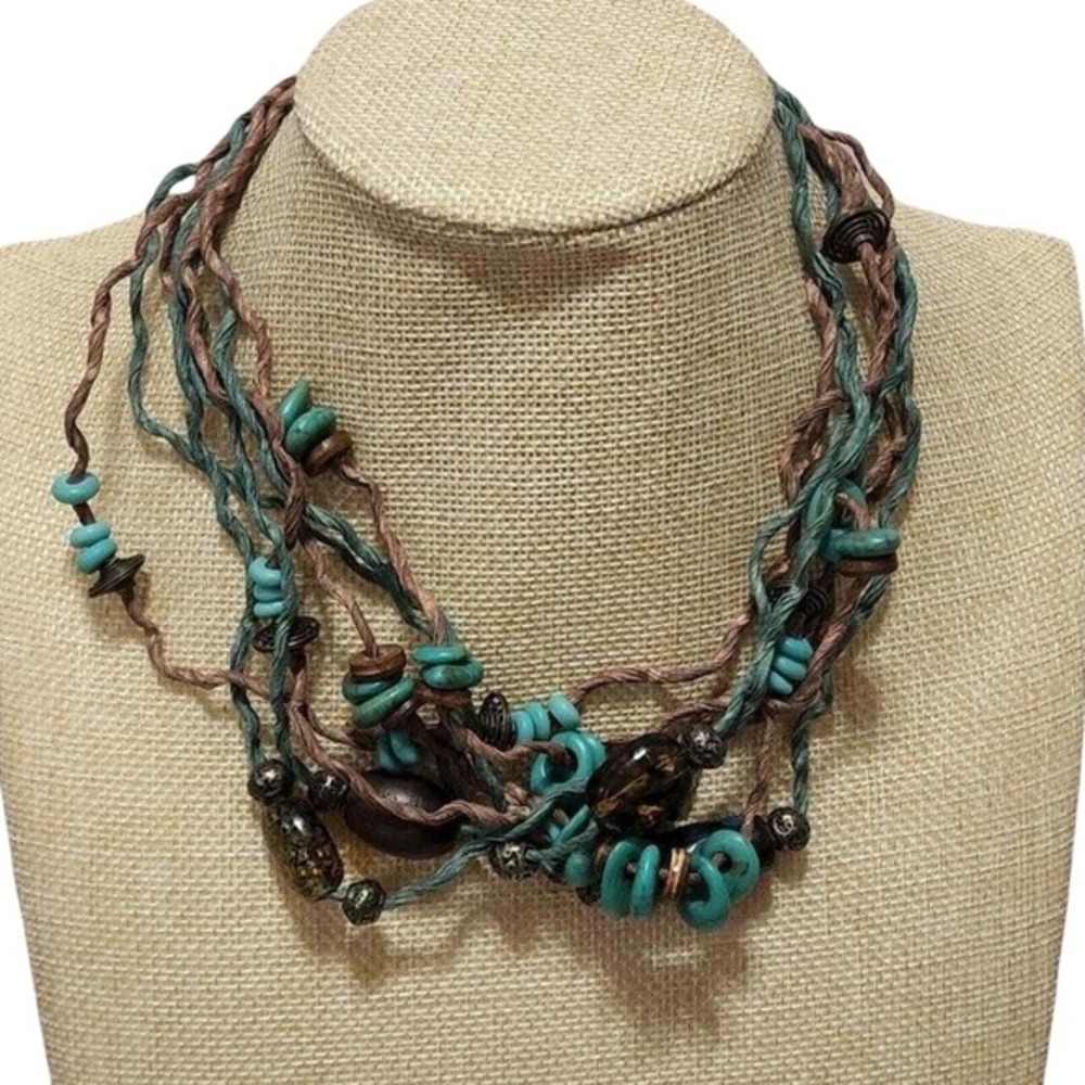 Aris by Treska Turquoise Brown Multi Strand Beaded Cord Statement Necklace NWT‎